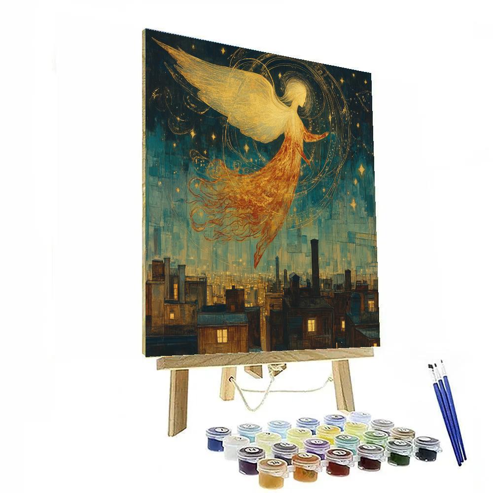William Blake Inspired Cosmic Angel Over City Rooftops Number painting
