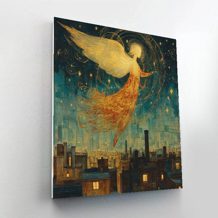 William Blake Inspired Cosmic Angel Over City Rooftops Number painting