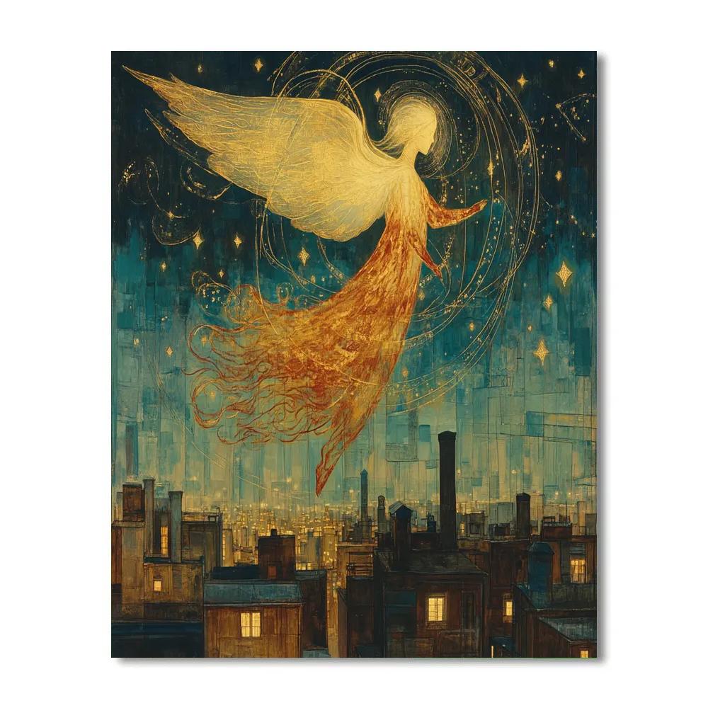 William Blake Inspired Cosmic Angel Over City Rooftops Number painting