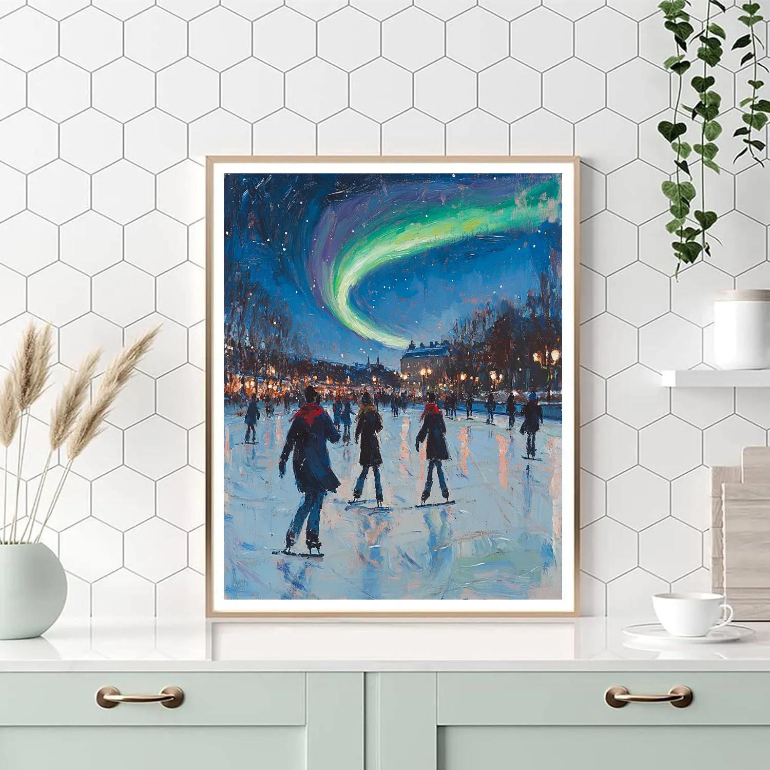 Edgar Degas Inspired Night Skaters Under Aurora paint by number