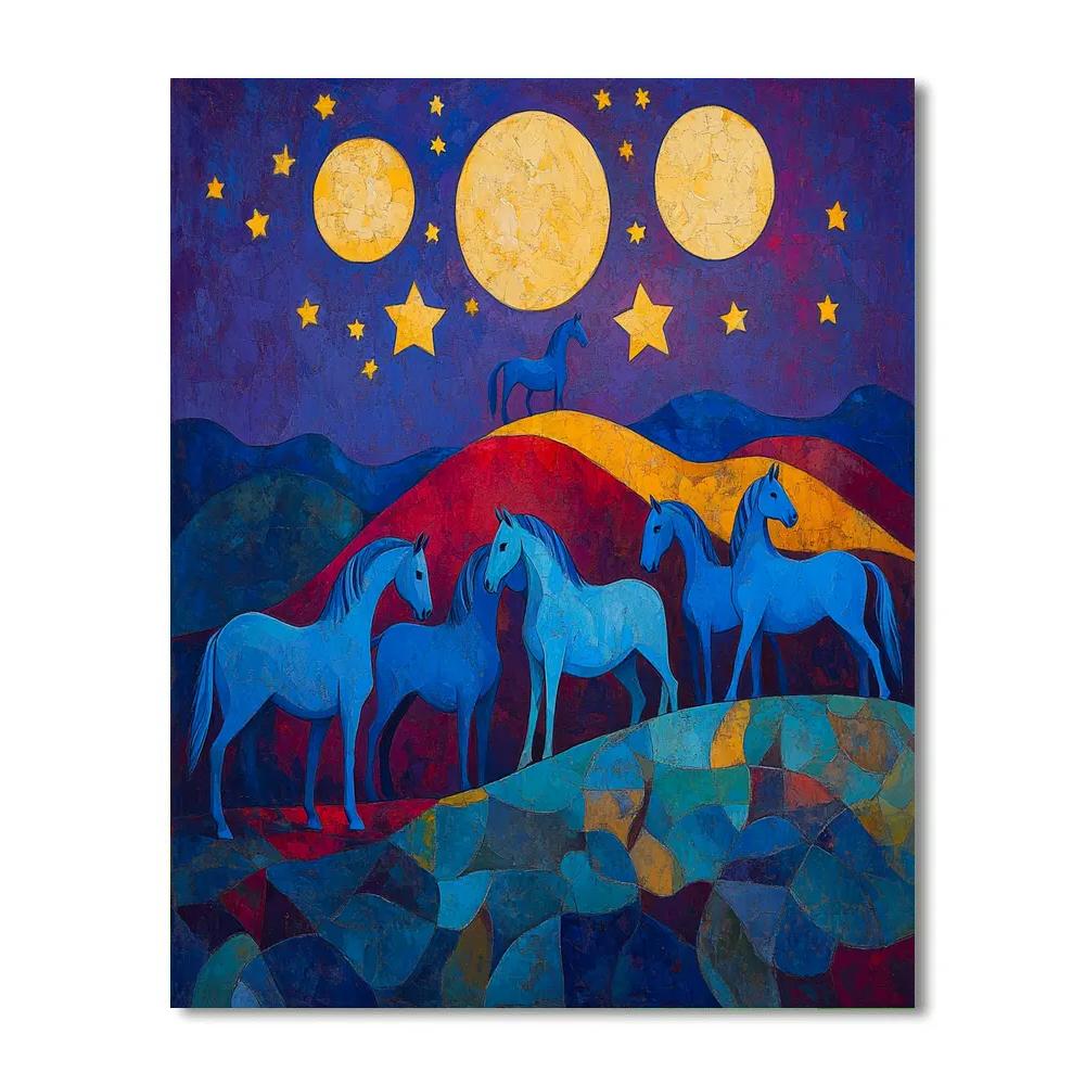Franz Marc Inspired Blue Horses On Cosmic Hill painting number kit