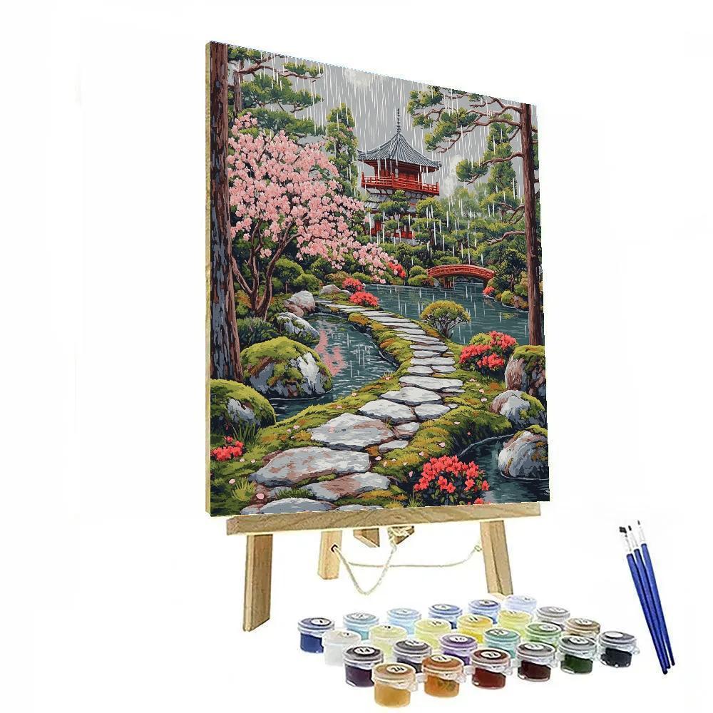 Hokusai Inspired Temple Garden In Spring Rain paint by numbers