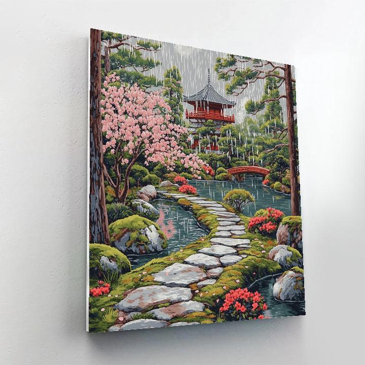 Hokusai Inspired Temple Garden In Spring Rain paint by numbers