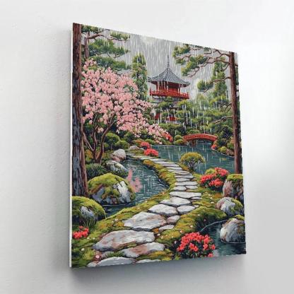 Hokusai Inspired Temple Garden In Spring Rain paint by numbers