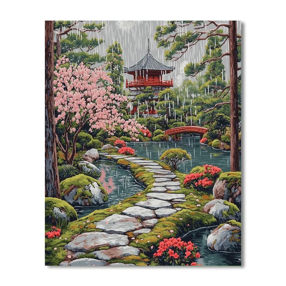 Hokusai Inspired Temple Garden In Spring Rain paint by numbers