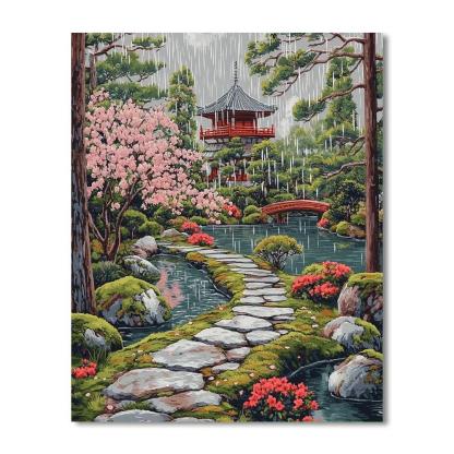 Hokusai Inspired Temple Garden In Spring Rain paint by numbers