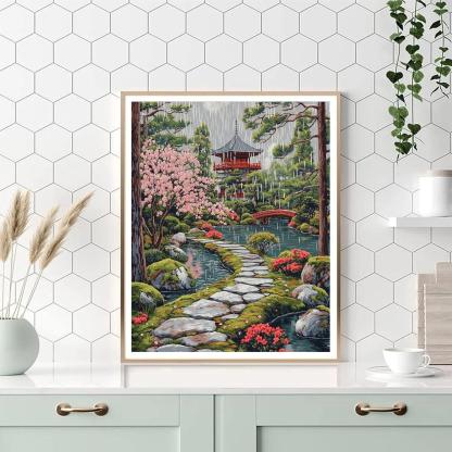 Hokusai Inspired Temple Garden In Spring Rain paint by numbers