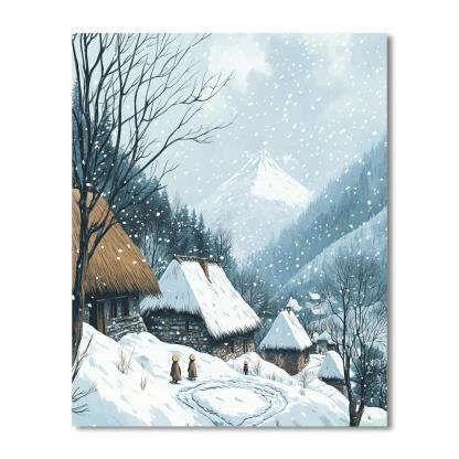 Hokusai Inspired Snowfall On Mountain Village Numbered painting kits