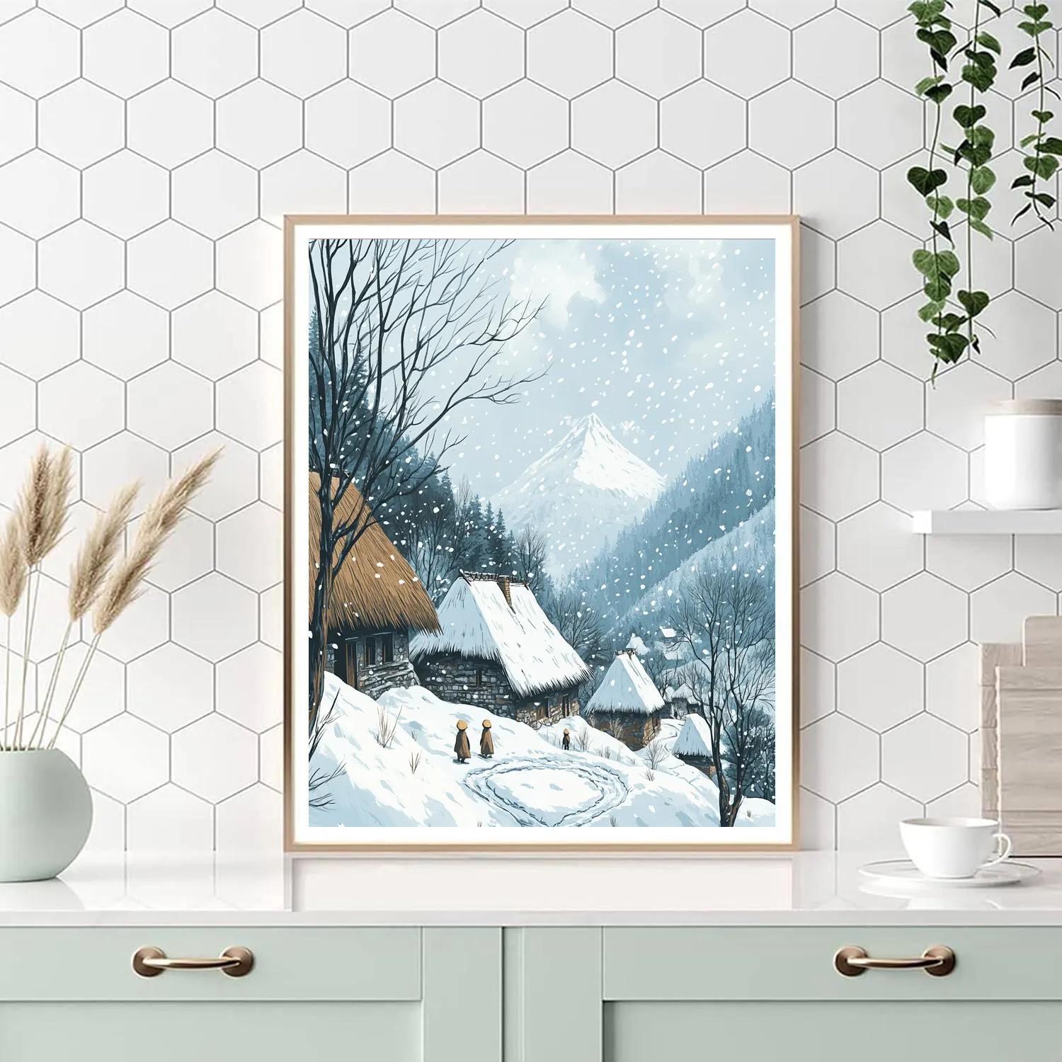Hokusai Inspired Snowfall On Mountain Village Numbered painting kits