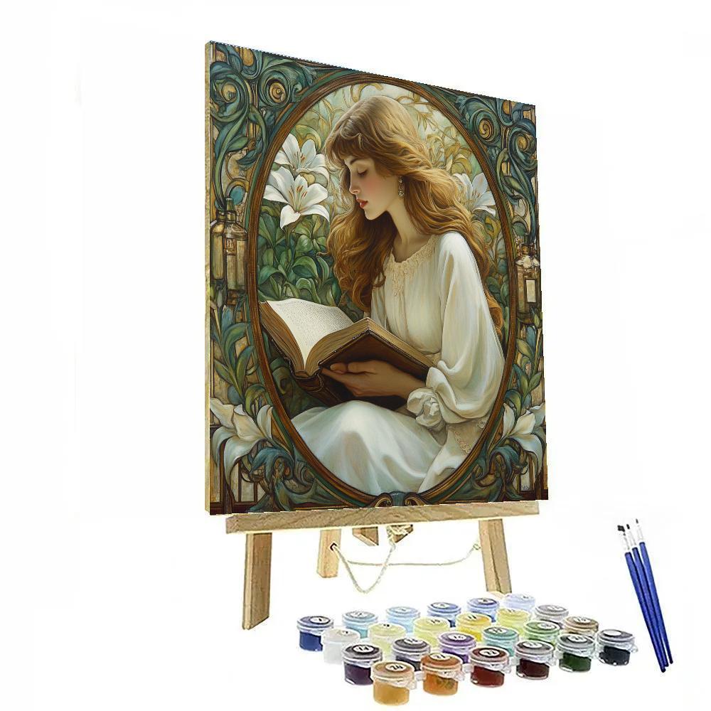 Alphonse Mucha Inspired Book Lover In Floral Frame DIY paint by numbers