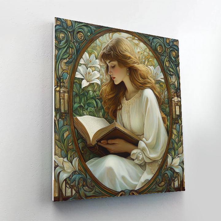 Alphonse Mucha Inspired Book Lover In Floral Frame DIY paint by numbers