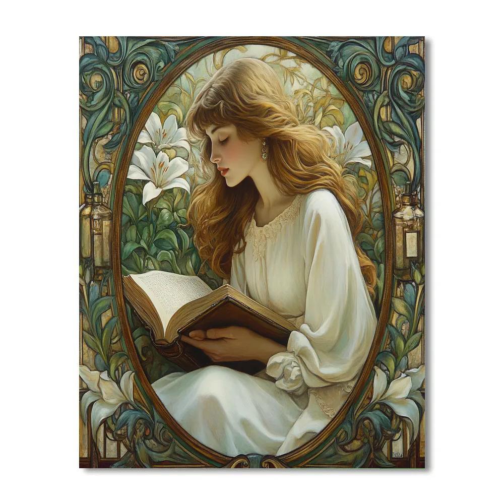 Alphonse Mucha Inspired Book Lover In Floral Frame DIY paint by numbers