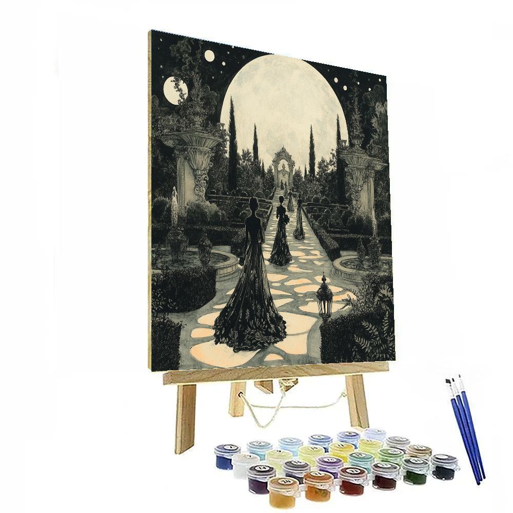 Aubrey Beardsley Inspired Black And White Moonlit Garden Numbered painting kits