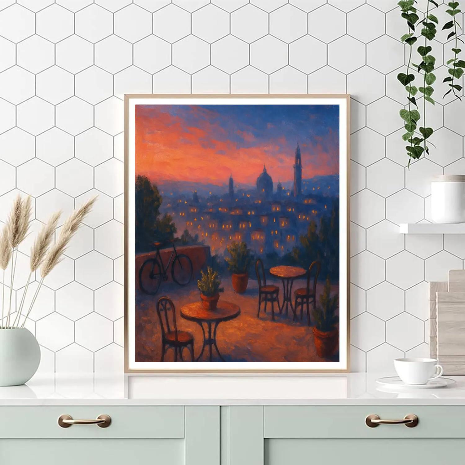Twilight Terrace Cafe Skyline Paint by numbers art