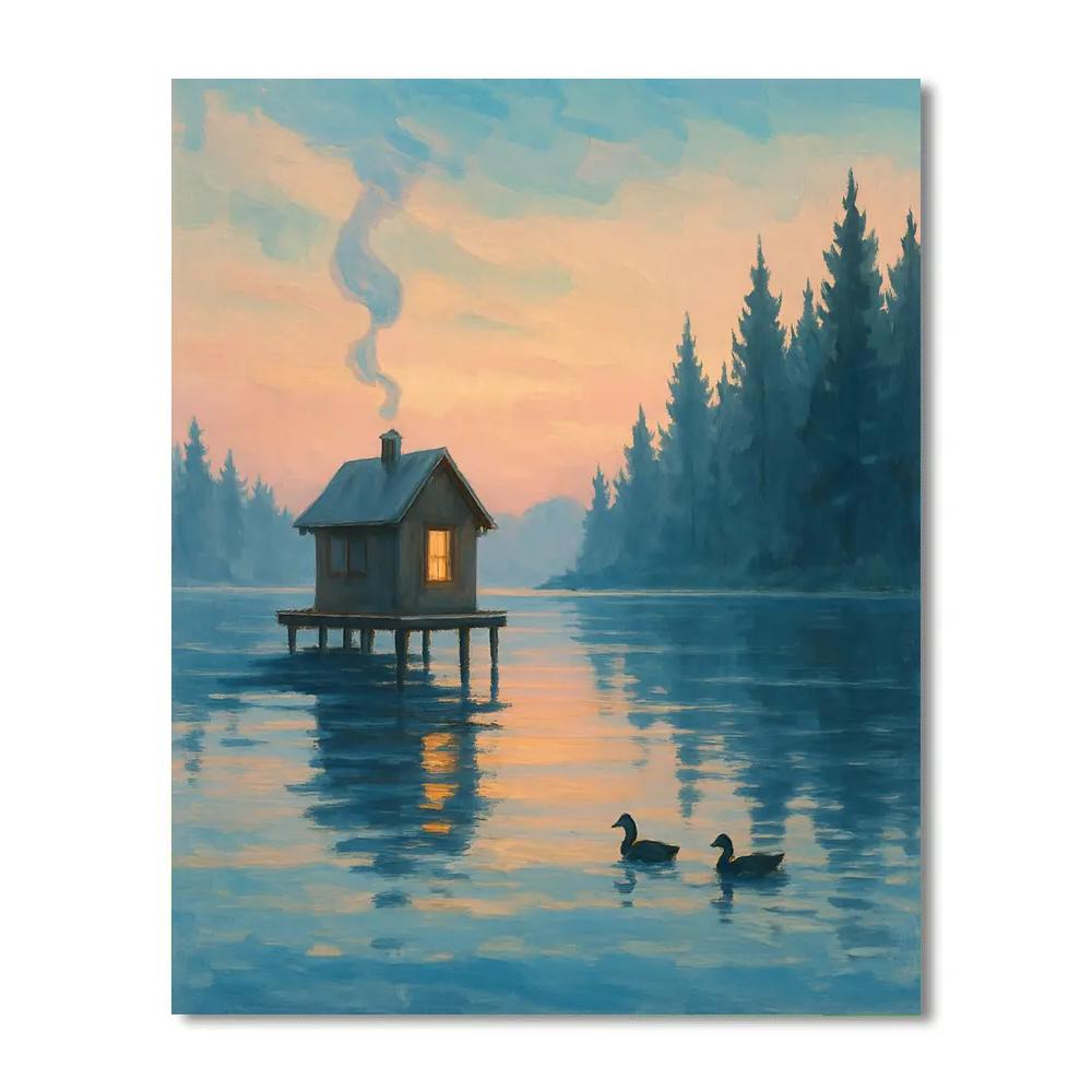 Sunrise Cabin Over Glasswater Bay Painting by numbers kit