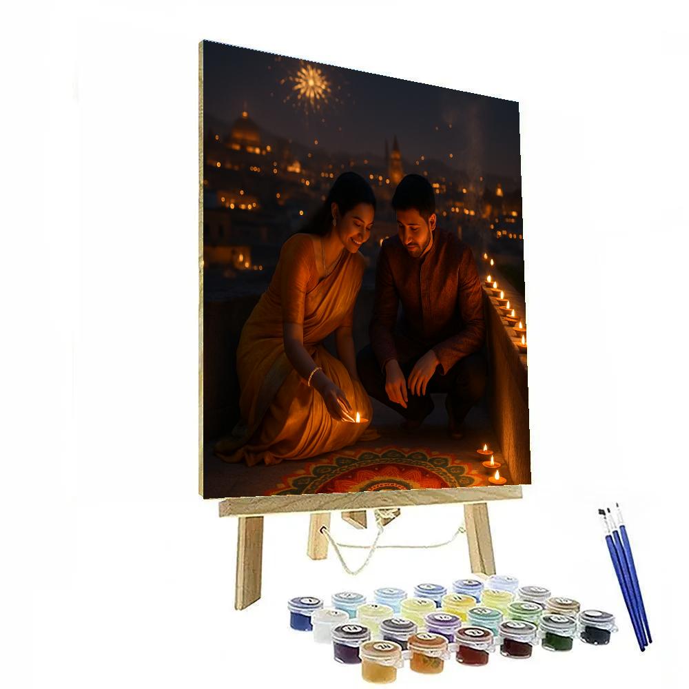 Diwali Night Diyas And Fireworks On Jaipur Terrace paint by color