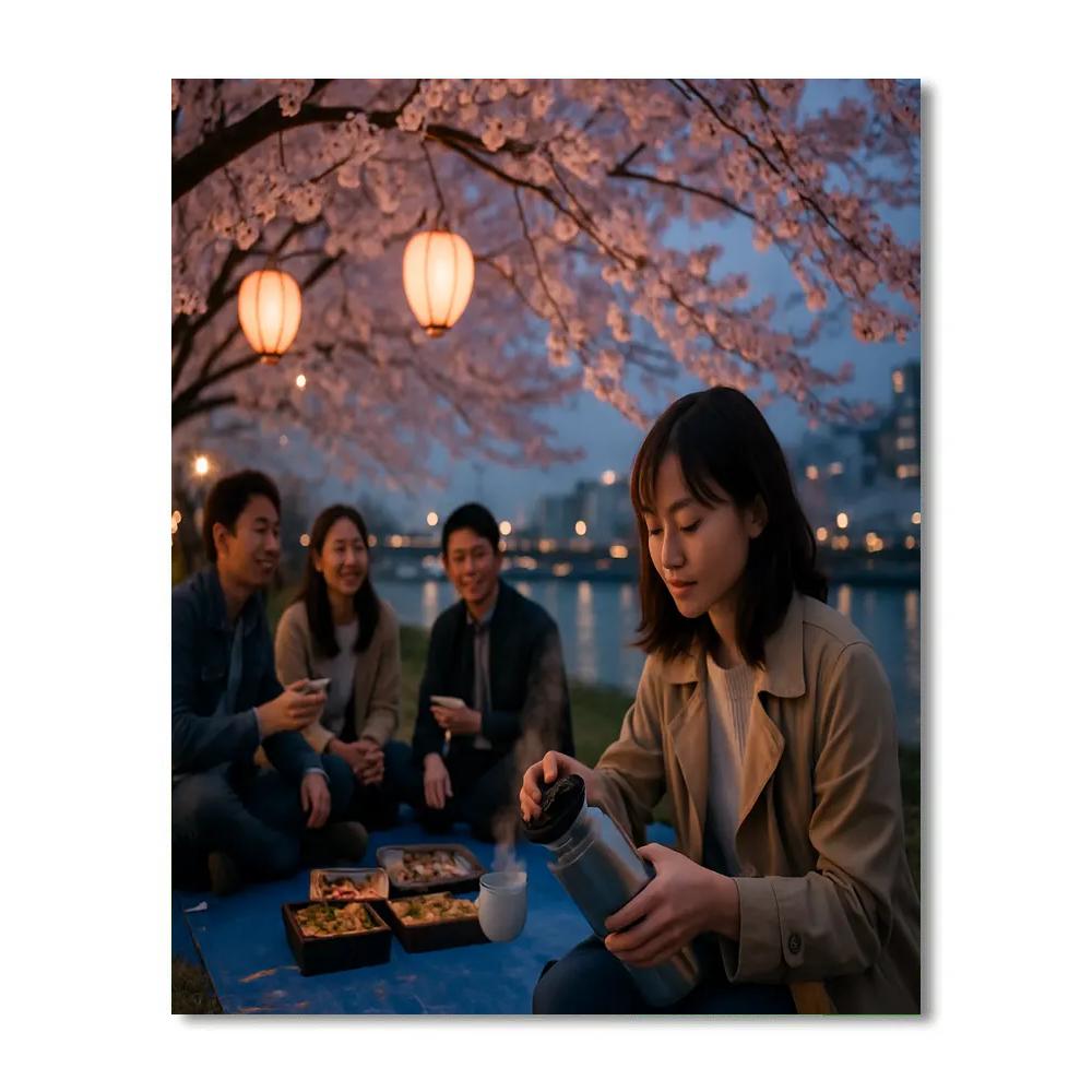 Hanami Evening Picnic Under Cherry Blossoms DIY paint by numbers