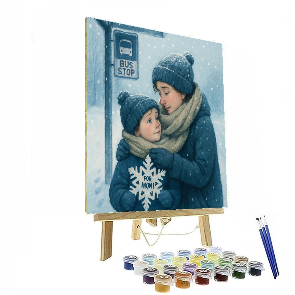 Snowy Bus Stop Wait With Mom Paint by numbers kits