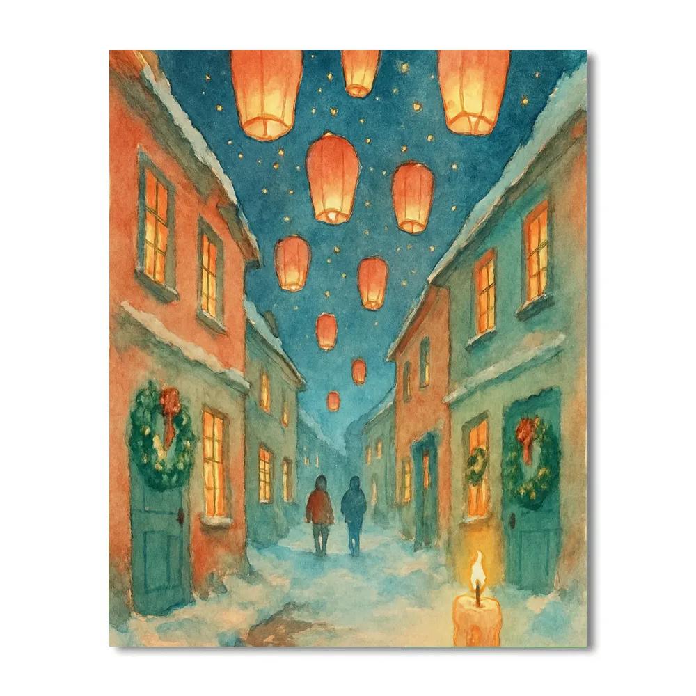 Sky Lanterns Over Snow Street paint by color