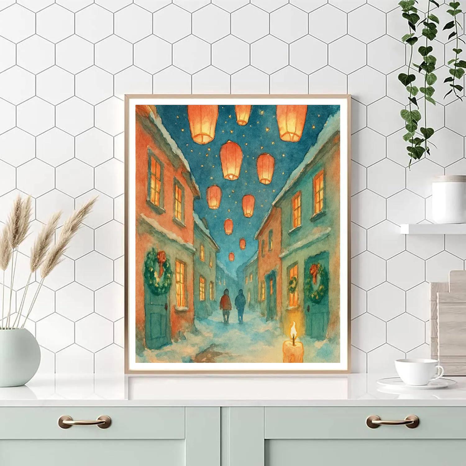 Sky Lanterns Over Snow Street paint by color