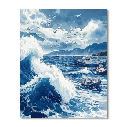 Hokusai Inspired Stormy Coast paint by number