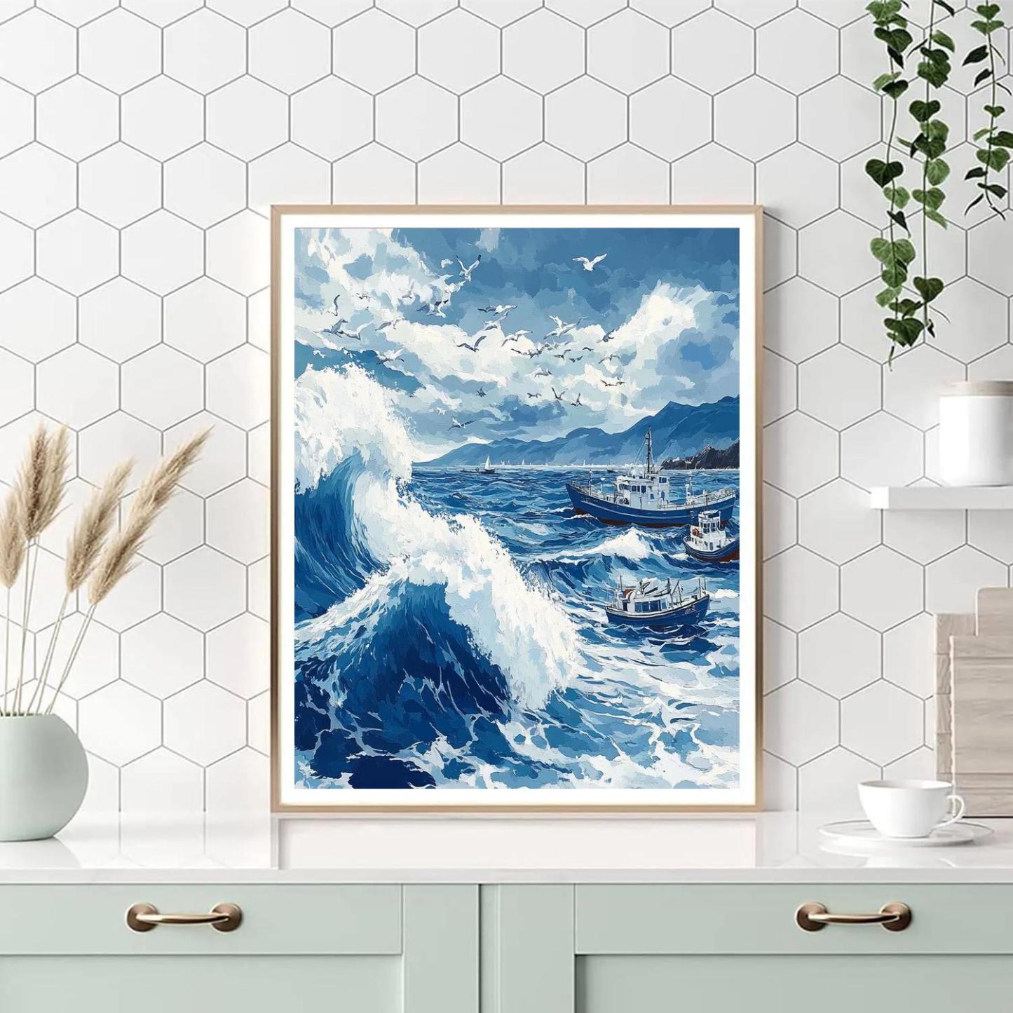 Hokusai Inspired Stormy Coast paint by number