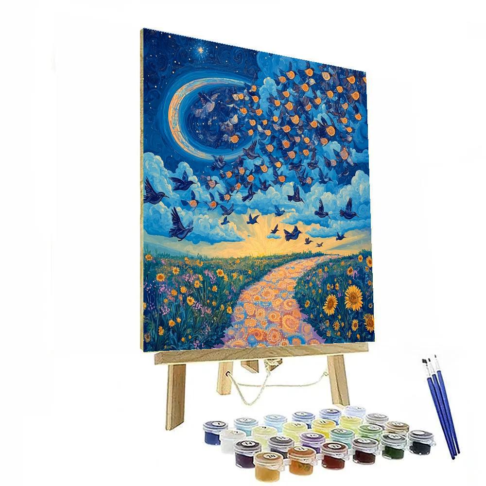 Frida Kahlo Inspired Comet In The Maquiladora Sky Of Birds paint by color