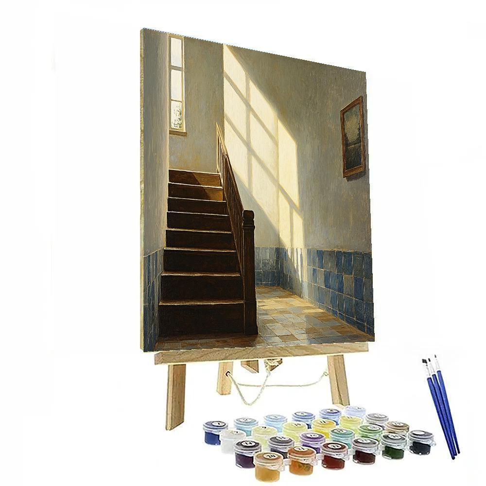 Johannes Vermeer Inspired Sunlit Delft Stairwell Number painting