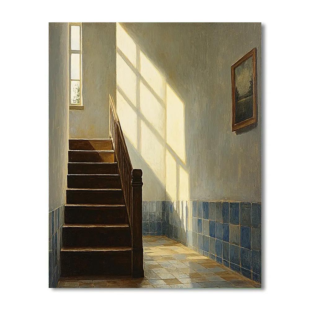 Johannes Vermeer Inspired Sunlit Delft Stairwell Number painting
