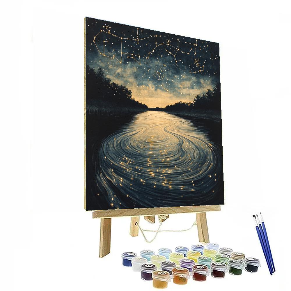 Leonardo Da Vinci Inspired Night River Lanterns Of Stars painting number kit