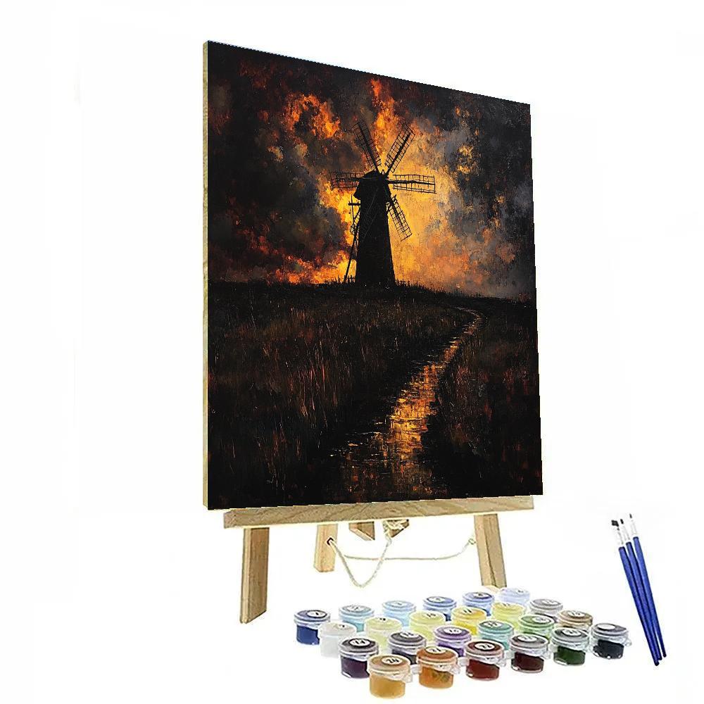 Rembrandt Inspired Windmill Silhouette In Copper Dusk Haze paint by number