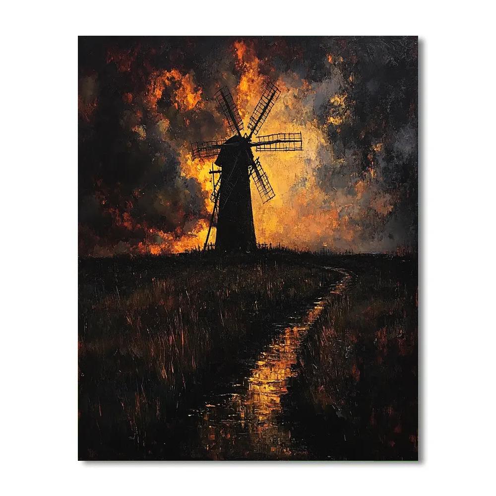 Rembrandt Inspired Windmill Silhouette In Copper Dusk Haze paint by number