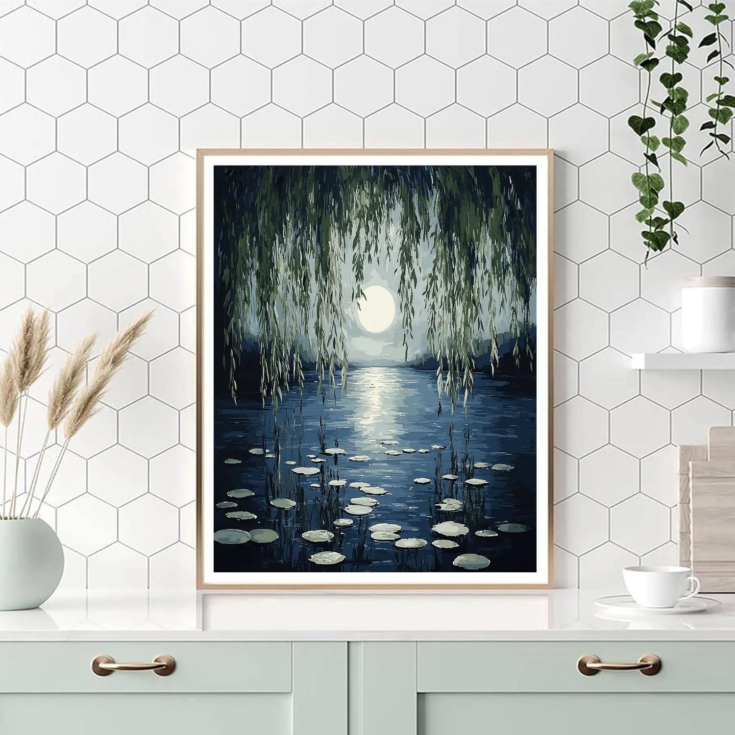 Claude Monet Inspired Moonlit Silhouette Of Willow Pond Paint by numbers kits