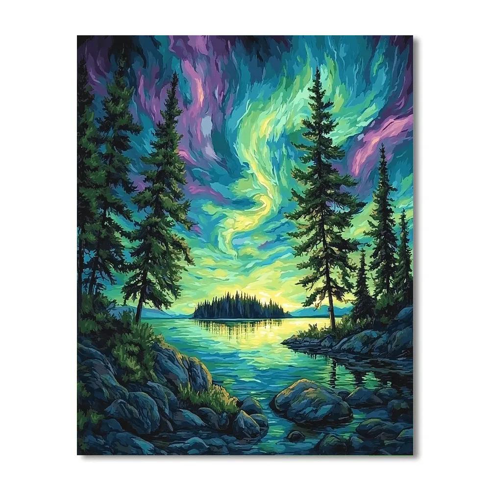 J. E. H. MacDonald Inspired Aurora Pines Above Northern Lake painting number kit