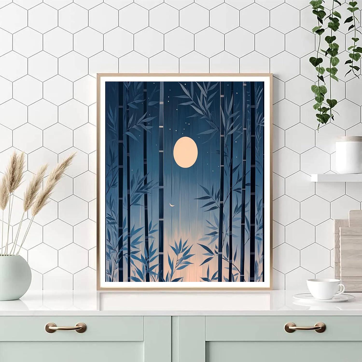 Hokusai Inspired Moon Over Bamboo Paint by numbers art