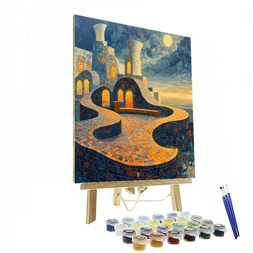 Antonio Gaudi Inspired Mosaic Rooftop Night Number painting
