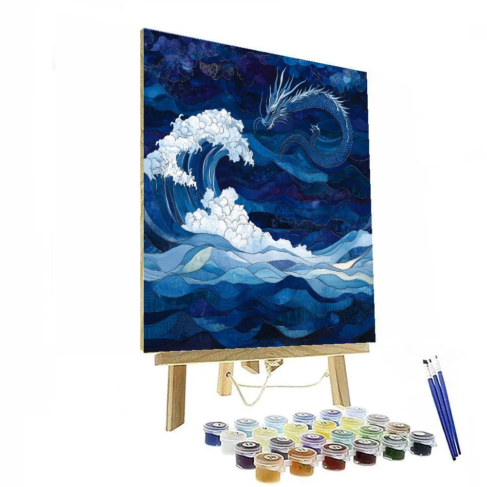 Hokusai Inspired Dragon Over Waves paint by numbers