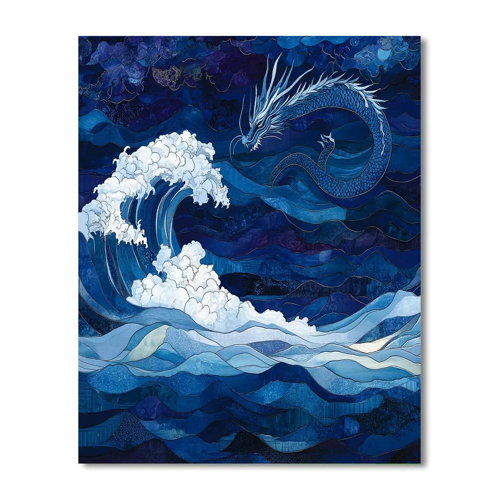 Hokusai Inspired Dragon Over Waves paint by numbers