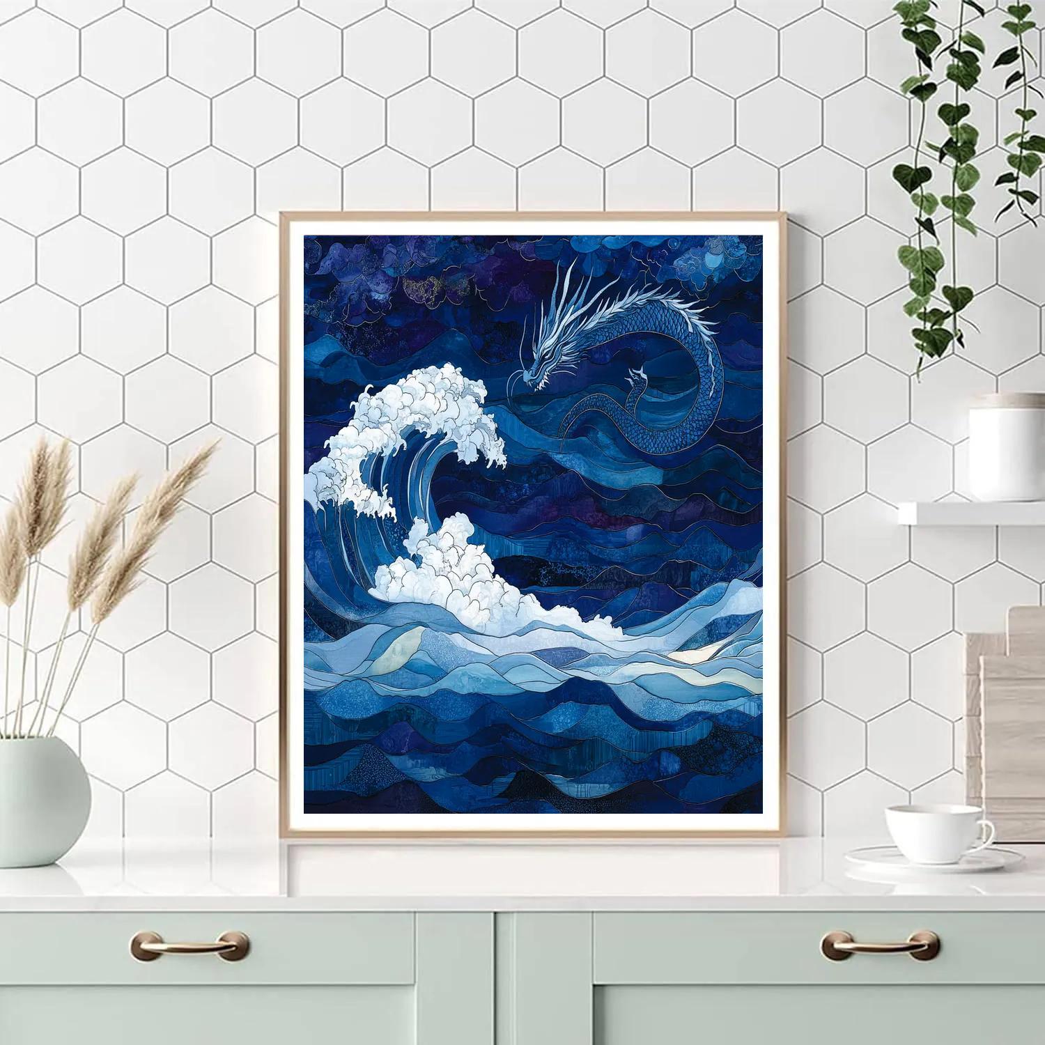 Hokusai Inspired Dragon Over Waves paint by numbers