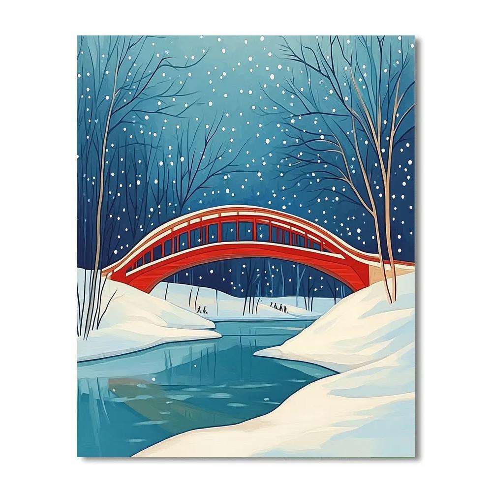 Hokusai Inspired Snow On Red Bridge Number painting