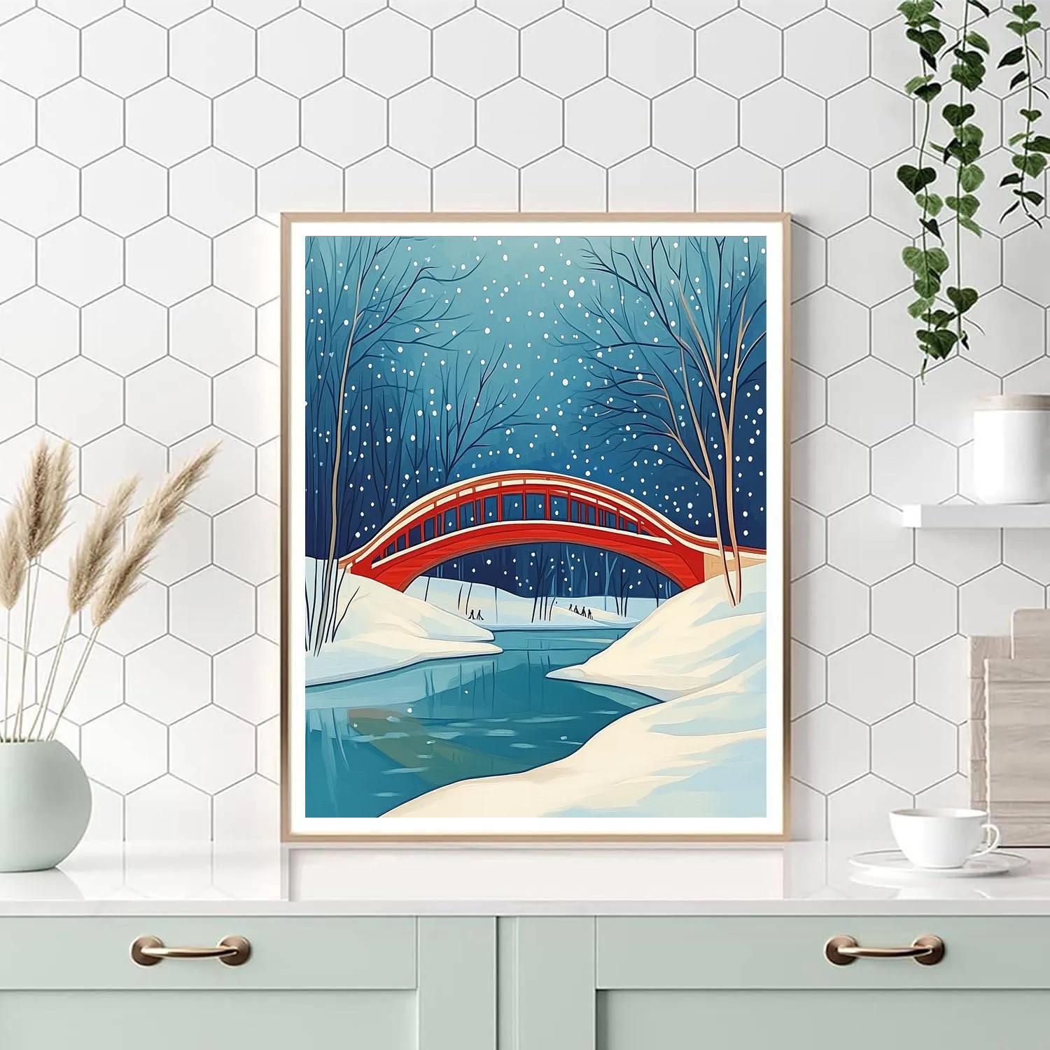 Hokusai Inspired Snow On Red Bridge Number painting