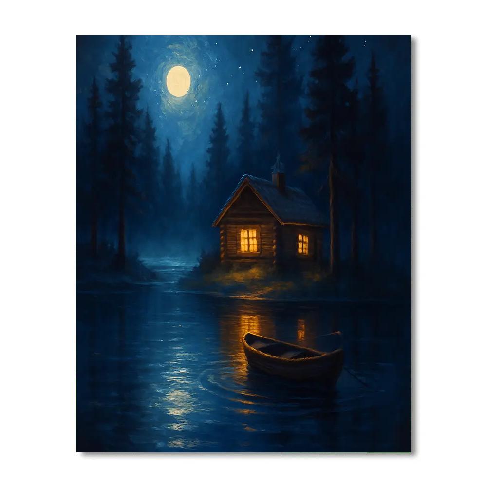 Moonlit Cabin Reflections paint by number