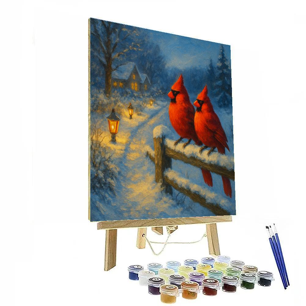 Cardinals In A Lantern Lit Snow Lane Painting by numbers kit