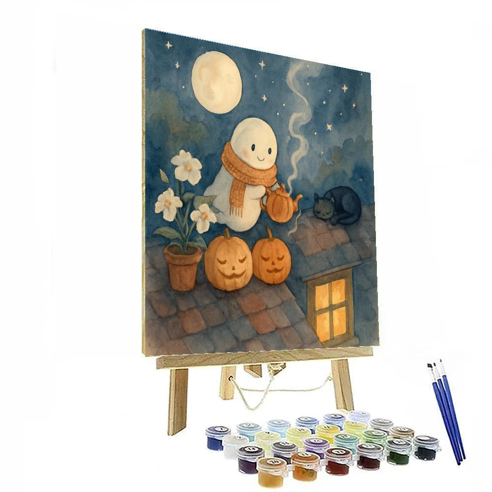 Moonlit Ghost Tea On The Rooftop paint by color