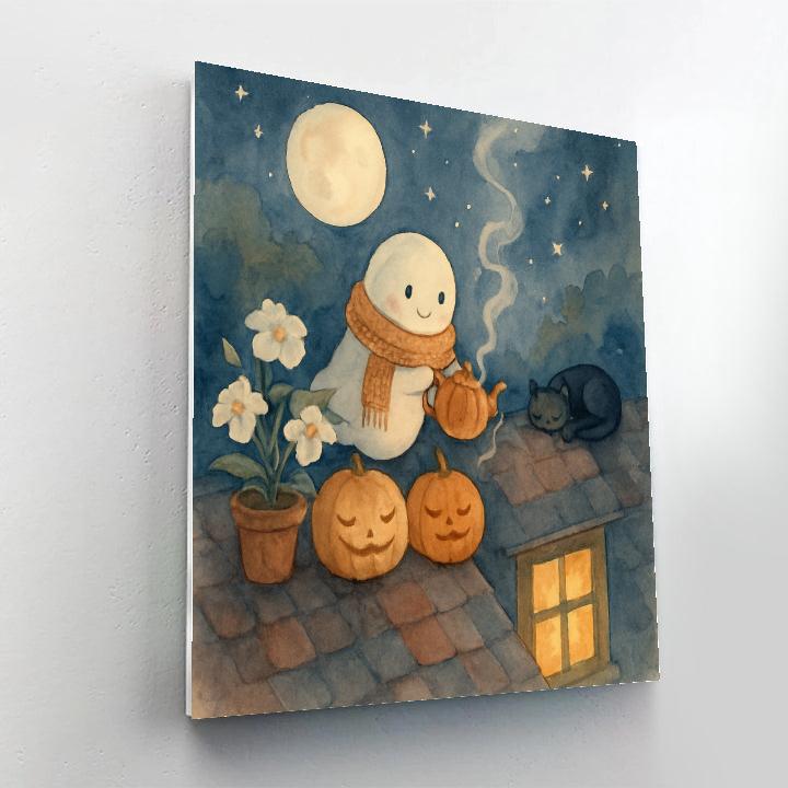 Moonlit Ghost Tea On The Rooftop paint by color