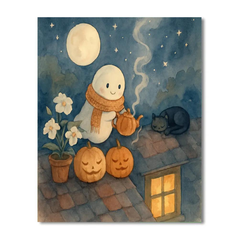 Moonlit Ghost Tea On The Rooftop paint by color