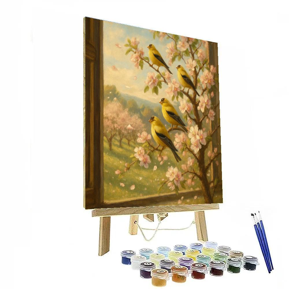 Goldfinches In Spring Window Orchard painting number kit
