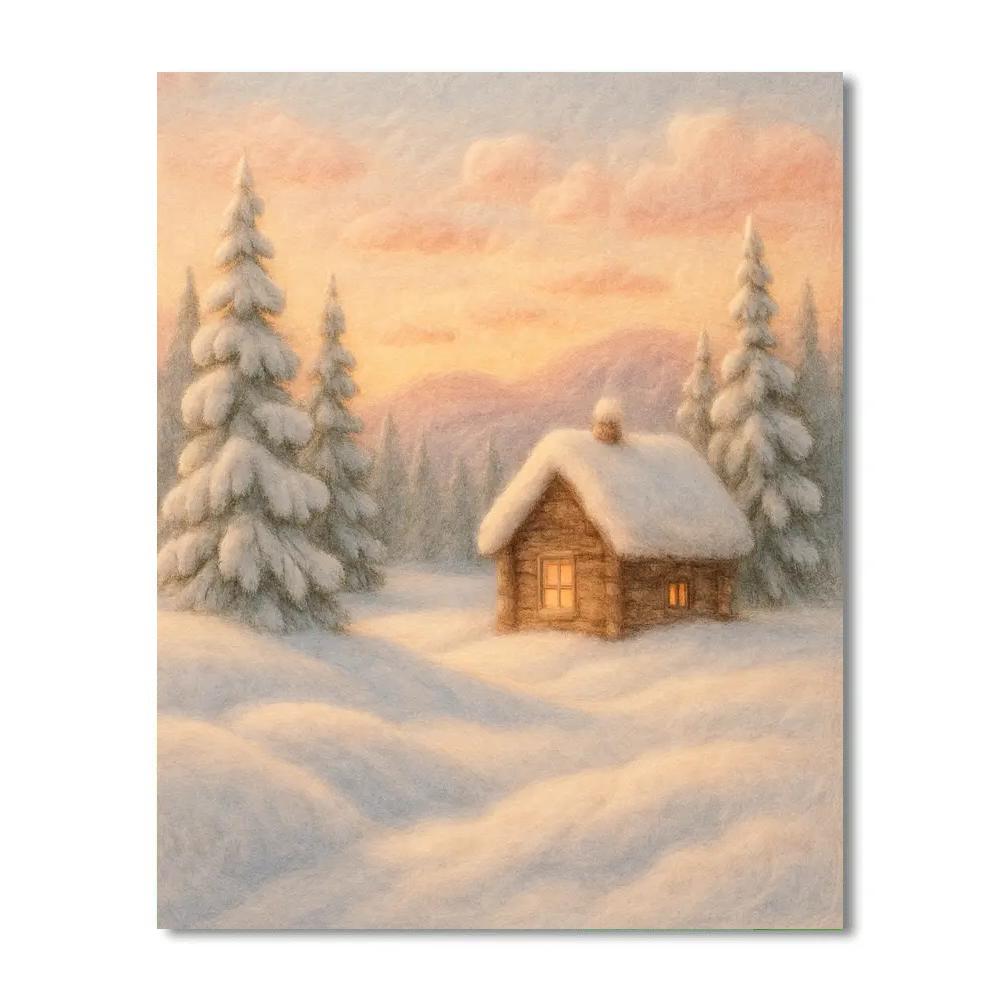 Snowy Cabin Under Soft Sunrise Paint by numbers kits