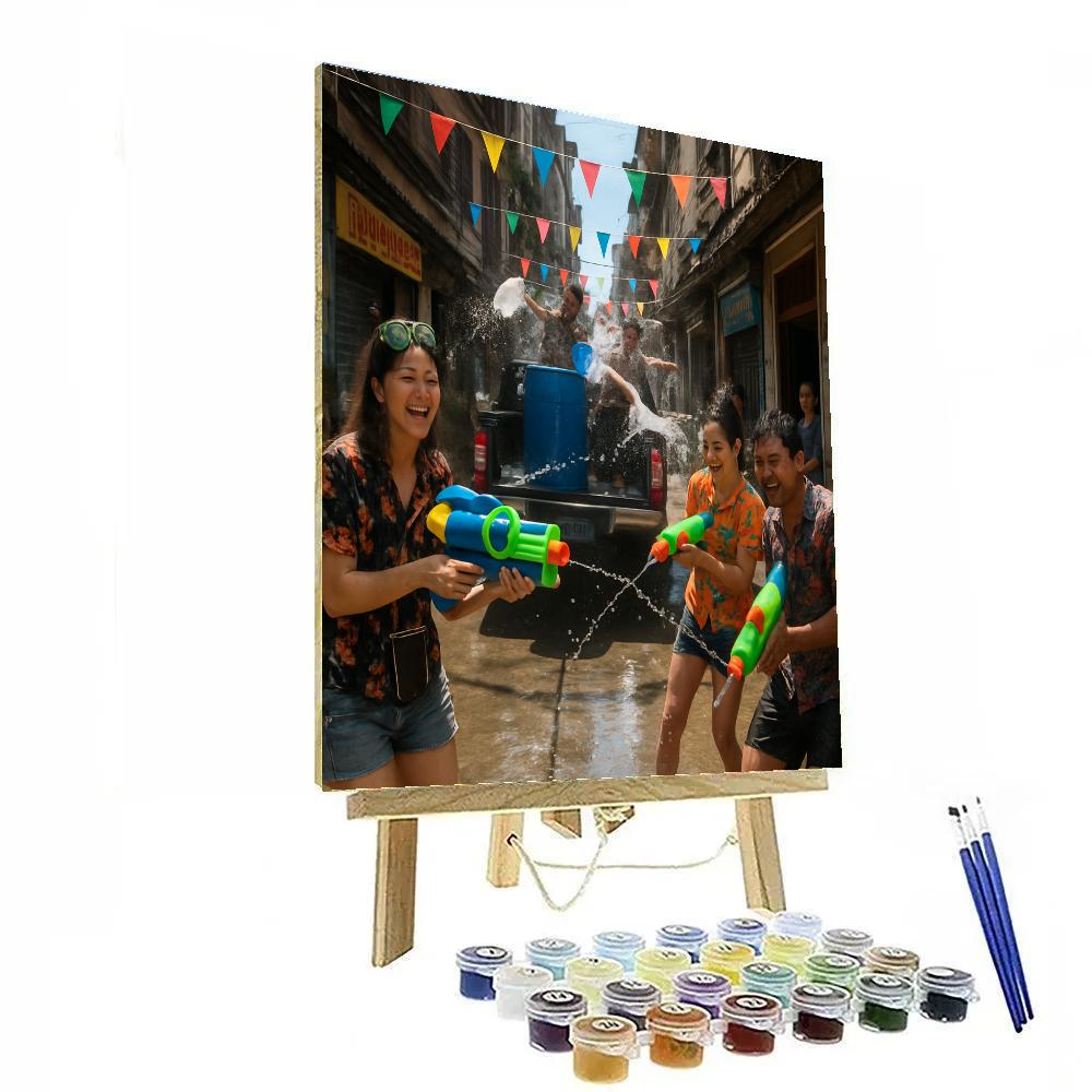 Songkran Water Fight In Bangkok Alley paint by numbers