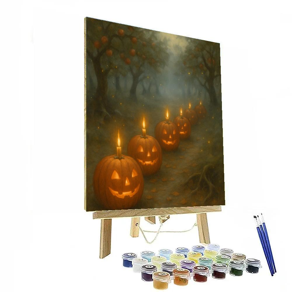 Candlelit Pumpkin Row In The Misty Orchard Paint by numbers art